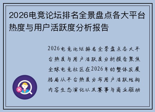 2026电竞论坛排名全景盘点各大平台热度与用户活跃度分析报告